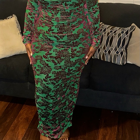 Fashion Nova Off-Shoulder Green and Pink Floral Maxi Dress - Picture 2 of 2